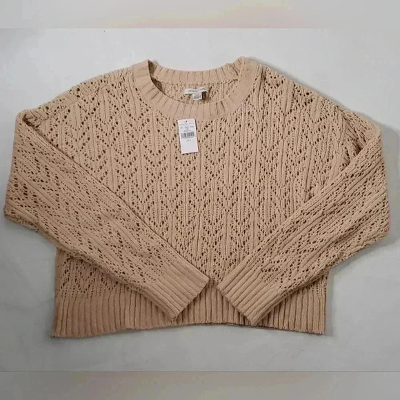 American Eagle Outfitters Beige Cropped Boxy Cable Knit Pullover  Sweater Sz S - Picture 4 of 9